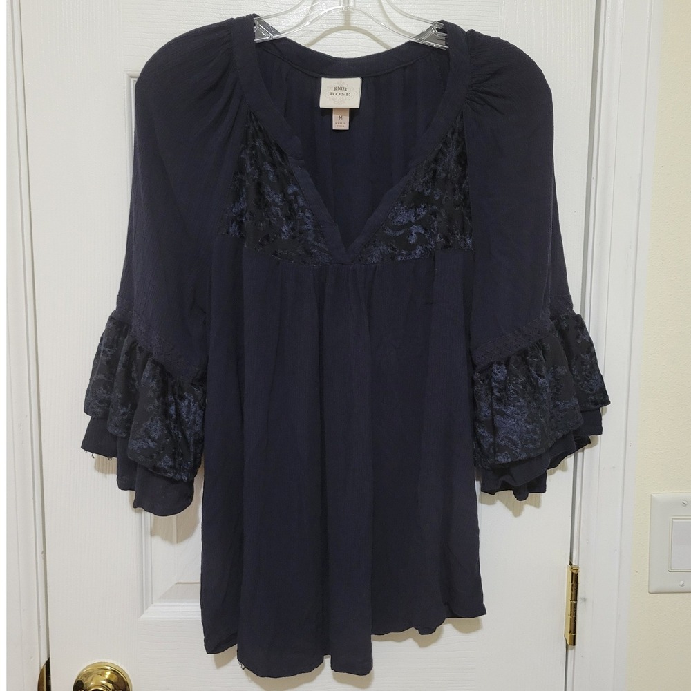 Knox Rose Navy Blue Burnout Velvet Tiered Bell Sleeve Boho Blouse Medium